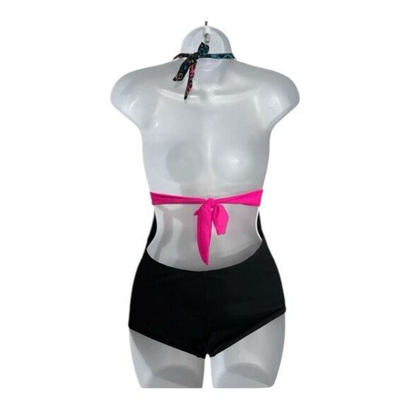 Sunshine Zone Halter Deep V-Neck One Piece Swimsuit Size M Black Pink Printed - Picture 2 of 11